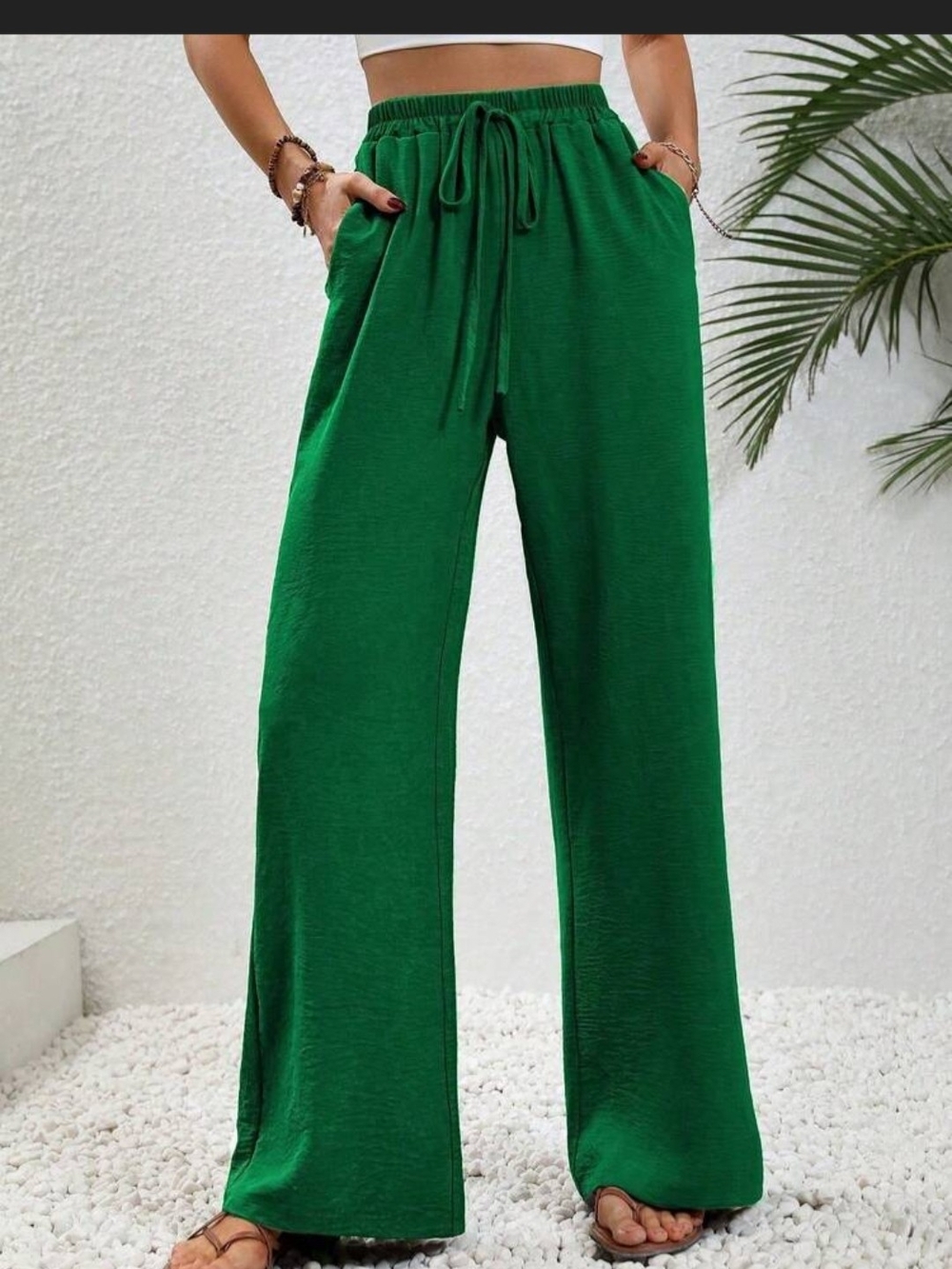 SHEIN Emerald Green Wide-Leg Drawstring Pants